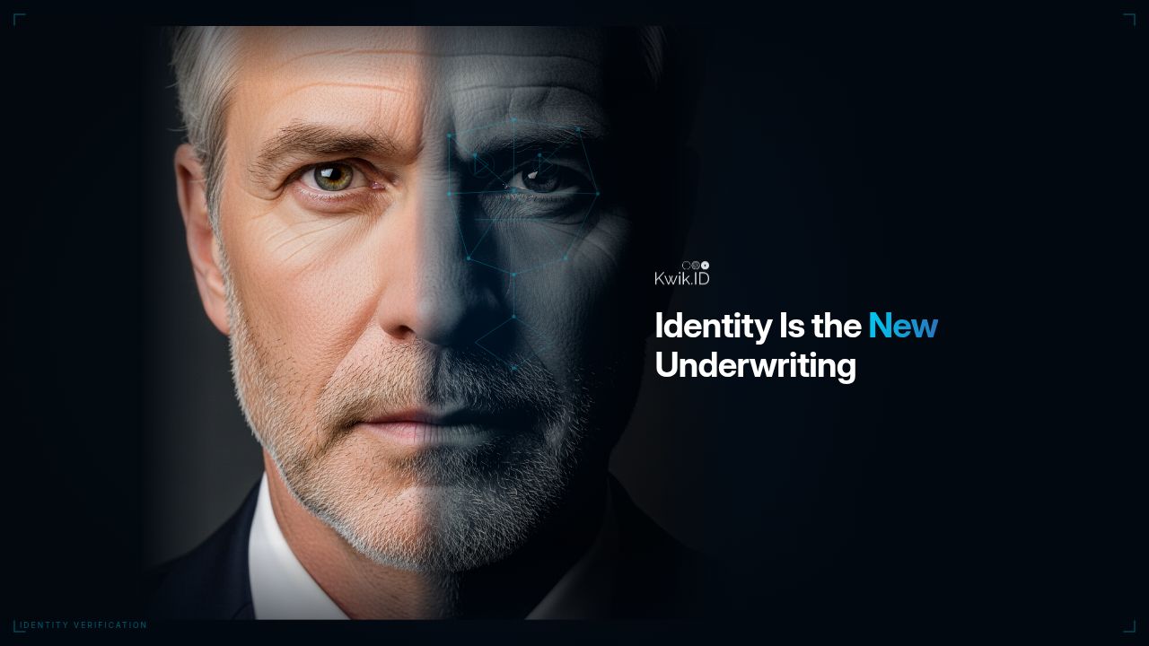 Split human face showing real vs synthetic identity with biometric overlay 
